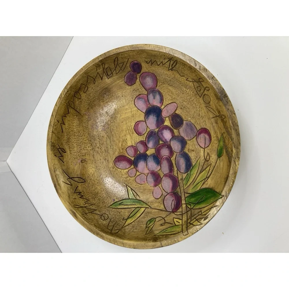 Vtg Hand Painted Wooden Fruit/Salad Bowl‎ Bible Verse Christain Grapes 10.5